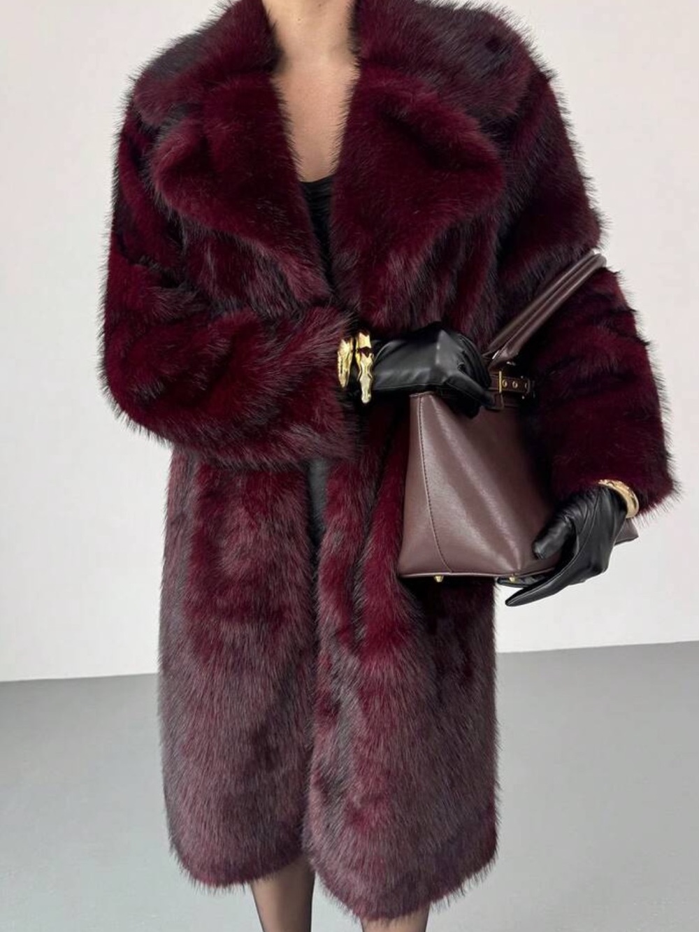 Women's Elegant Burgundy Faux Fur Long Sleeve Coat, Winter Old Money